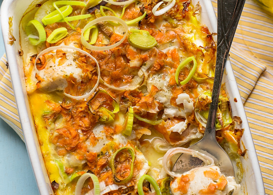 Gratin poireaux, crevettes et saumon
